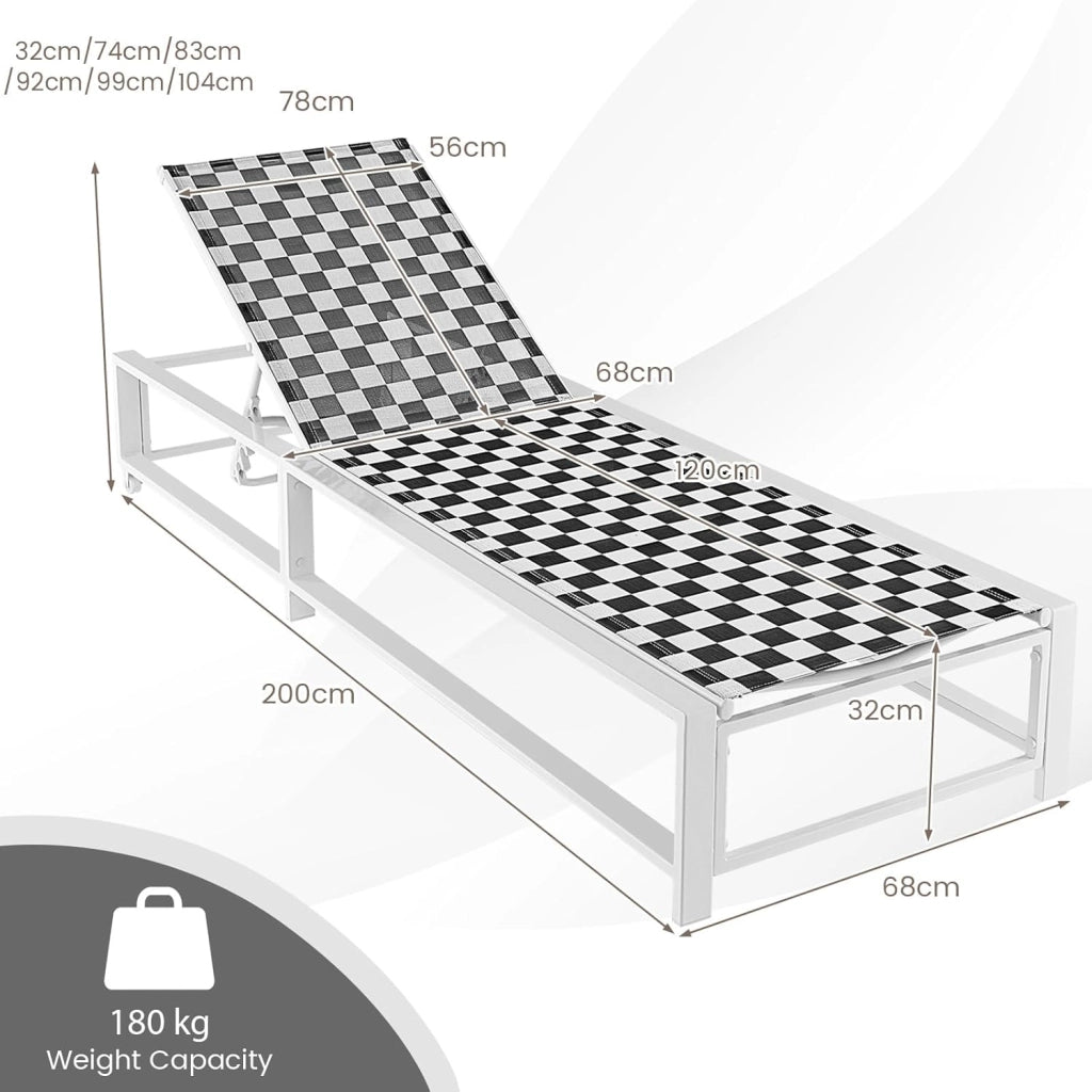 Lettino da giardino con schienale regolabile in 5 posizioni, sedia reclinabile pieghevole con 2 ruote, in tessuto traspirante con telaio in metallo, carico 180 kg, 200 x 68 x 104 cm