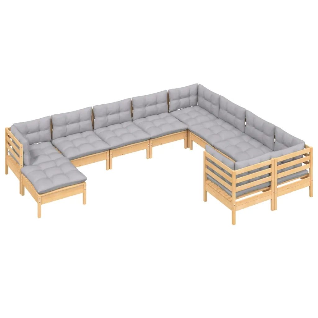 Set Divani da Giardino 10 pz con Cuscini Grigi Massello di Pino 3097030