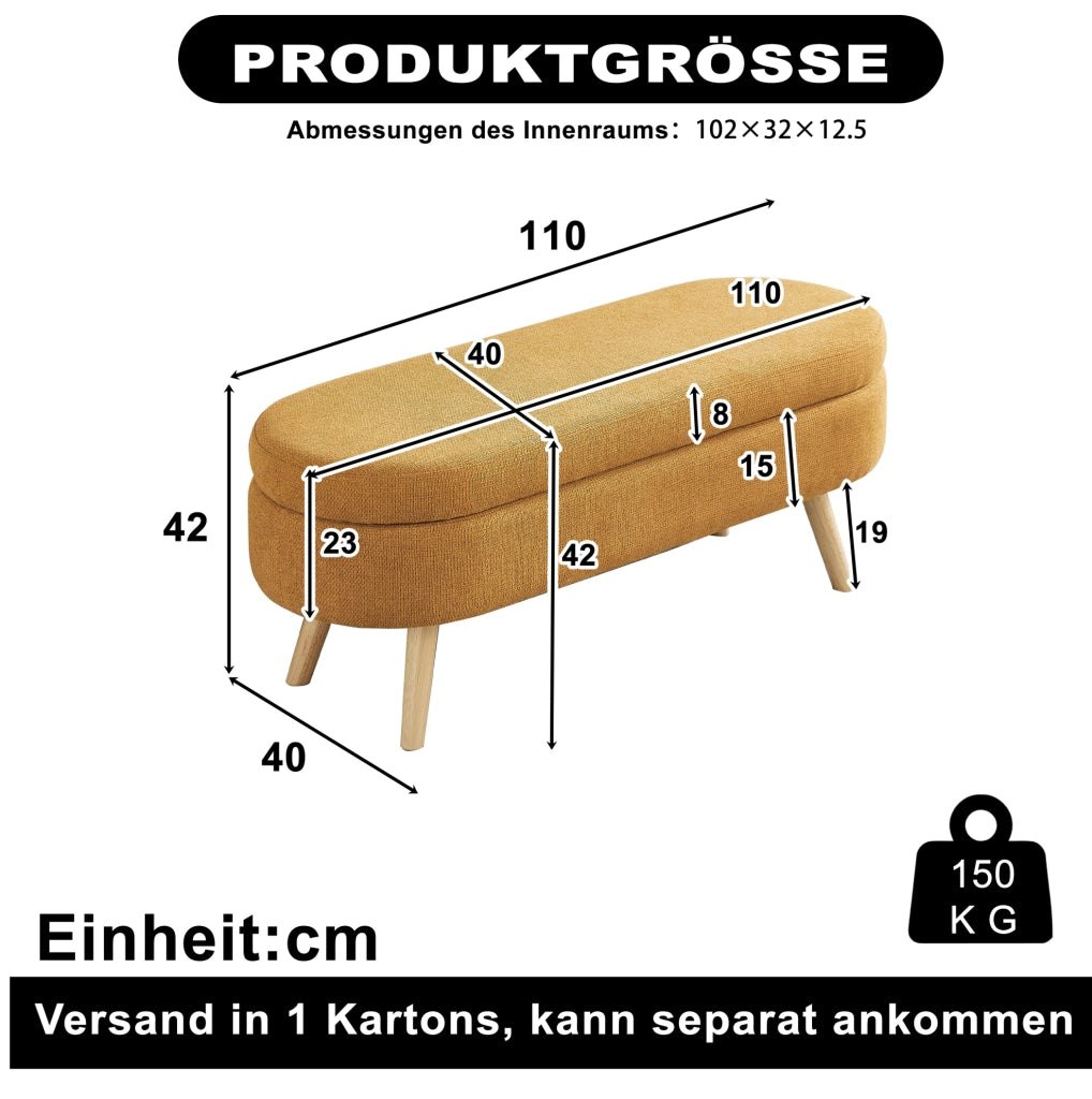 Panca contenitore 110 cm gialla in ciniglia con vano ventilato