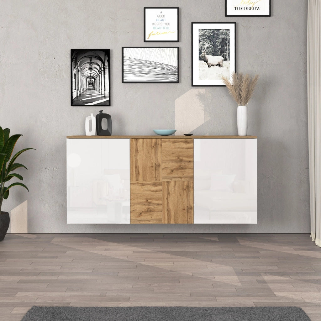WHOUS Credenza sospesa Iseo con 3 ante e 6 scomparti interni bianco lucido e rovere 150x35x70 cm