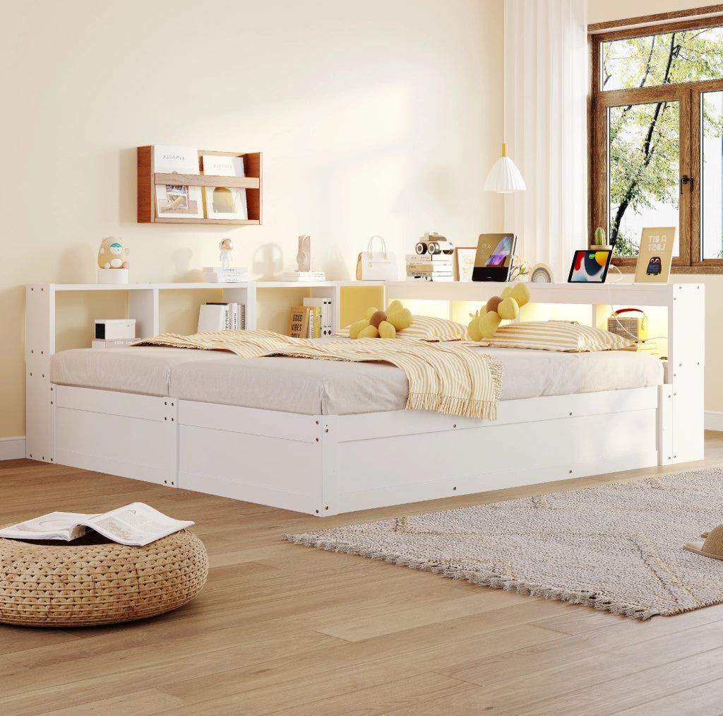 Letto multifunzione 90/180x200 cm bianco con prese integrate; LED e contenitore