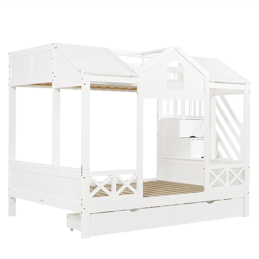 Letto a Castello con Cassetti e Scaletta ¨C MINIMAL ¨C Pino/MDF, Bianco, 90x200 & 140x200