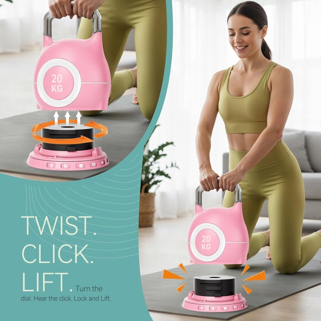 Kettlebell Regolabile 7 in 1, 20 kg Kettlebell con 7 Livelli di Peso, Manubrio per Allenamento a Casa & Fitness, Ideale per Allenamento Completo del Corpo, Compatto & Salvaspazio (Nero, 20KG)