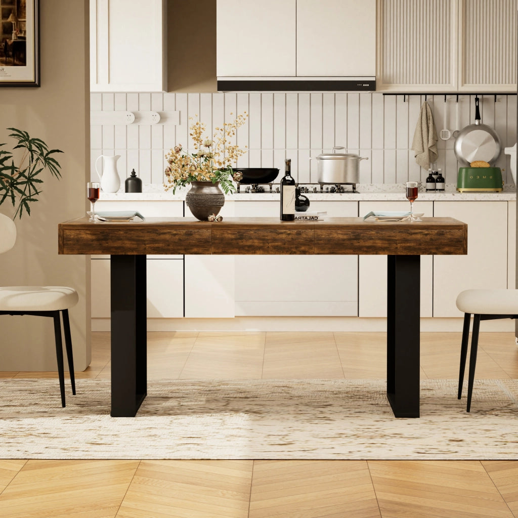 Tavolo da pranzo allungabile per 8 persone con piano estensibile, stile vintage, in truciolare, nero e marrone