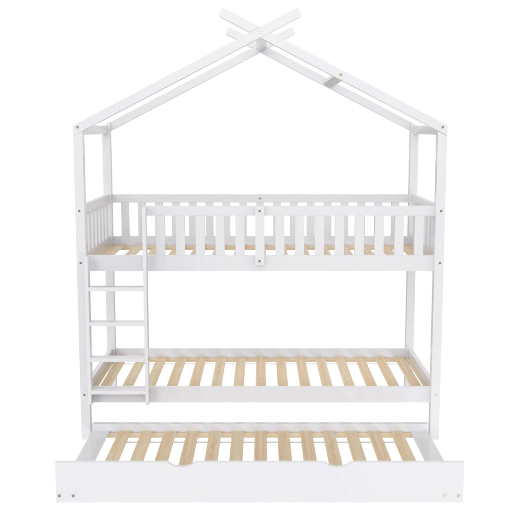 Letto a casetta per bambini e ragazzi 90x200 cm, estraibile, 3 letti separati, bianco