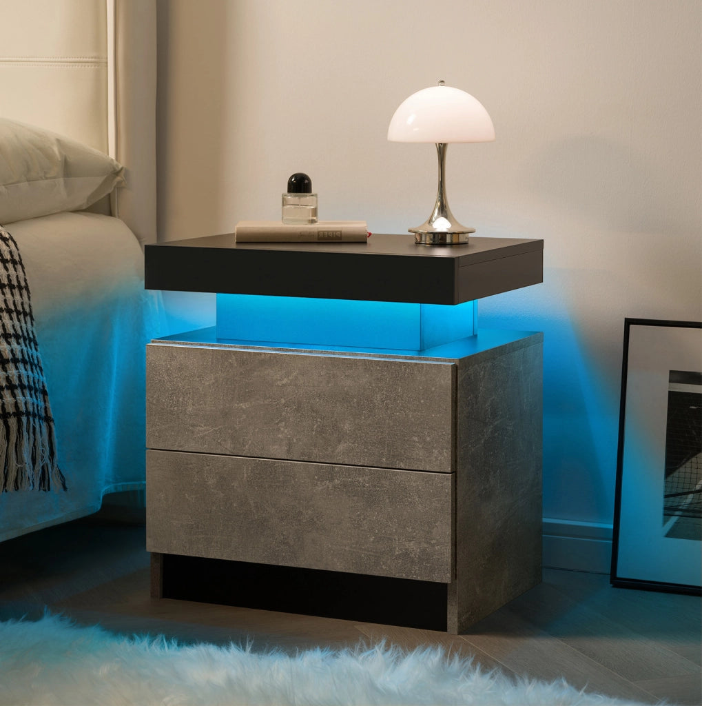 Comodino moderno grigio con luci LED regolabili e 2 cassetti per camera da letto