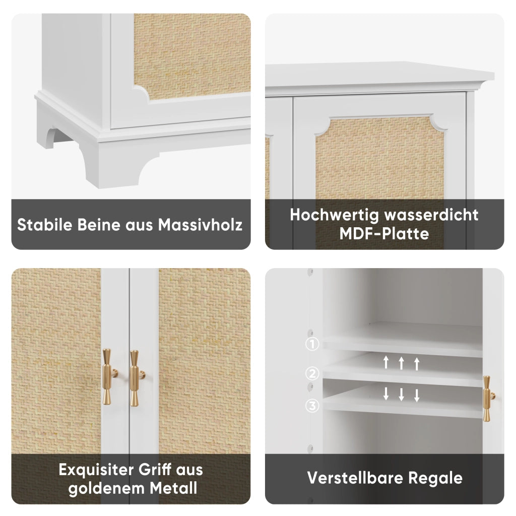 Credenza e madia con 2 ante in rattan, ripiano regolabile, in MDF e truciolare, per cucina e soggiorno, bianco, 80 × 38 × 86 cm