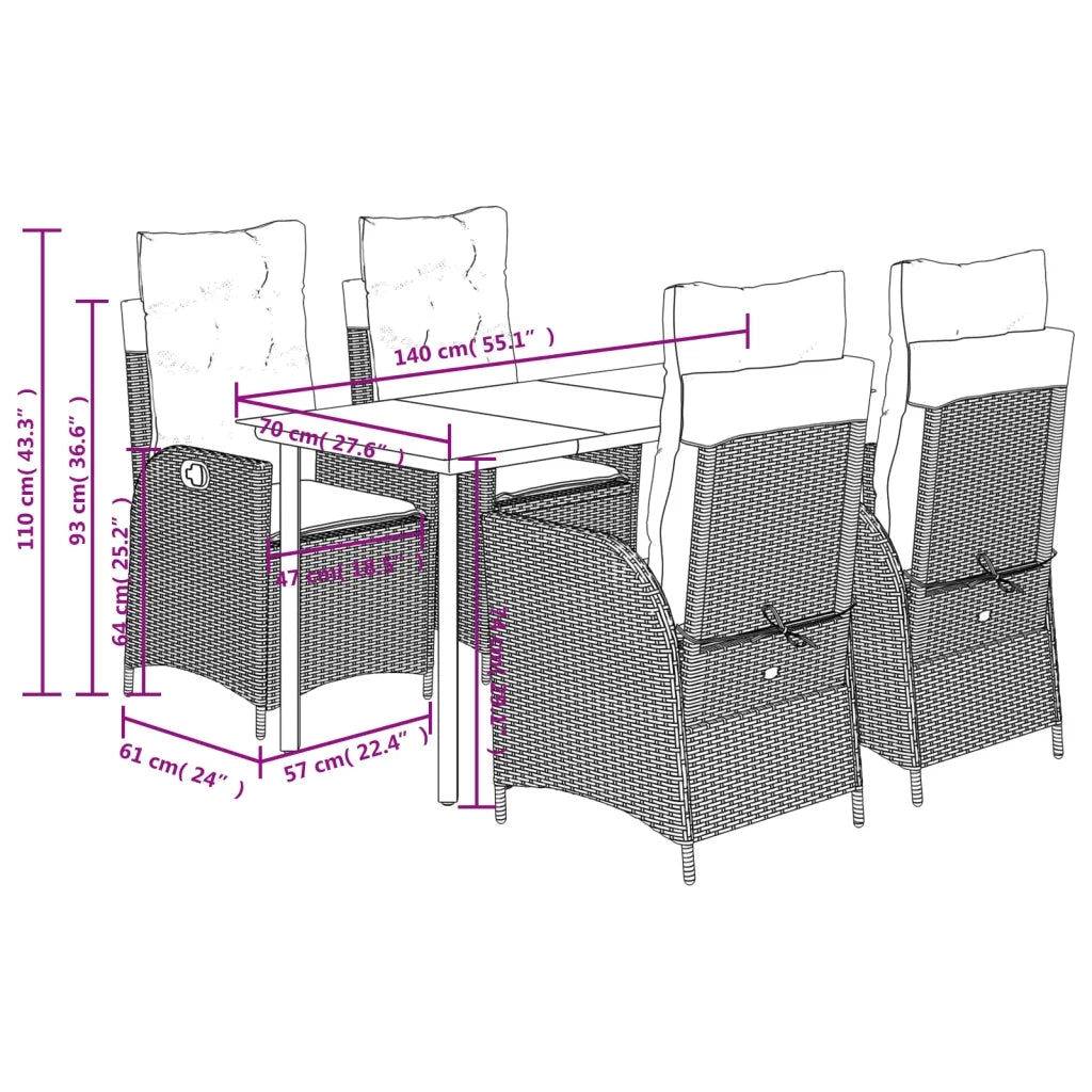 Set da Pranzo da Giardino 5pz con Cuscini in Polyrattan Marrone