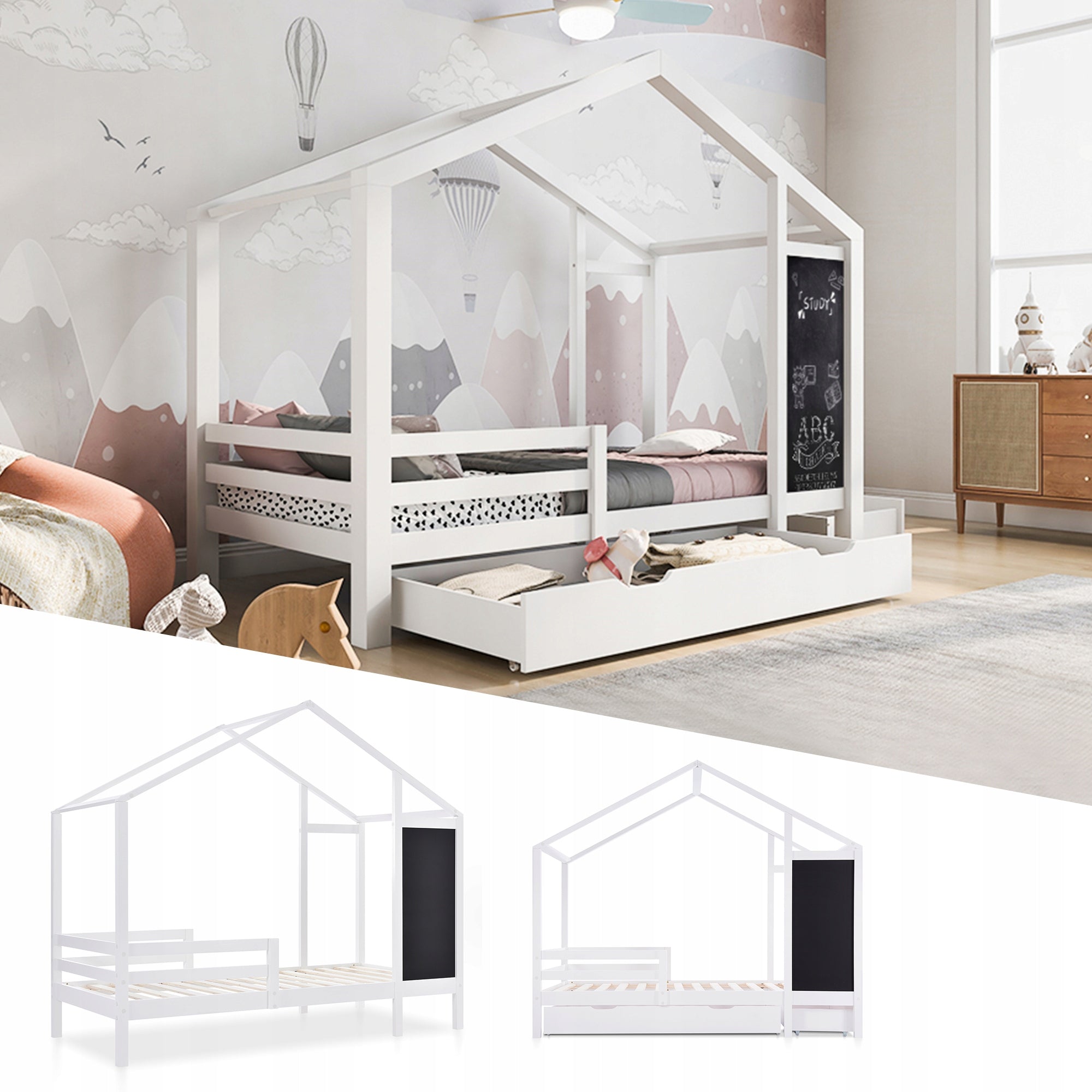 Letto singolo per bambini 90x200 - Xylo - Con lavagna e 2 cassetti, bianco senza materasso