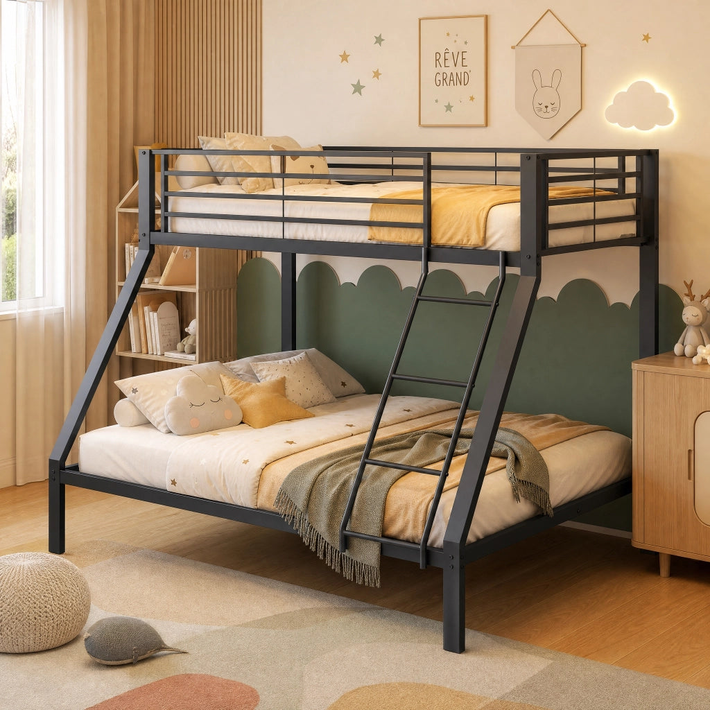 Letto a castello a 3 posti 90 × 200 e 140 × 200 con scala reversibile, struttura silenziosa, senza materasso, nero