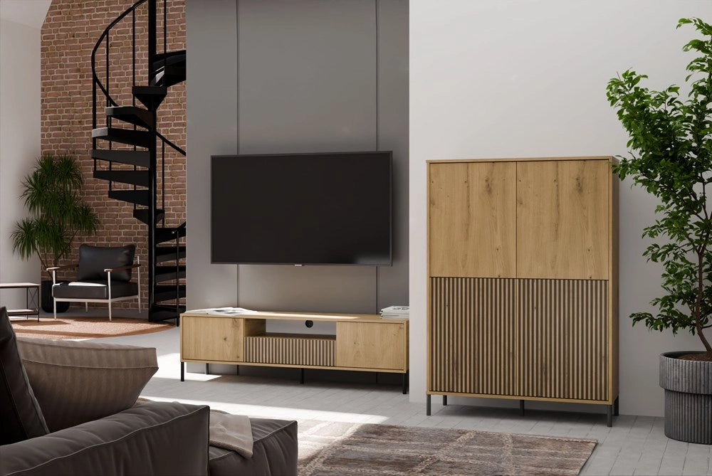 Vetrina KAMARO 4dk slim/liscio rovere artisan 4 ante doghe decorative frontale scanalato + classico per soggiorno