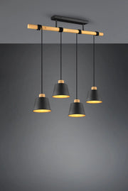 HARRIS SOSPENSIONE 4 DIFFUSORI METALLO NERO INTERNO ORO CON STRUTTURA E PARTICOLARI IN LEGNO NATURALE L. 87CM ATTACCO E27