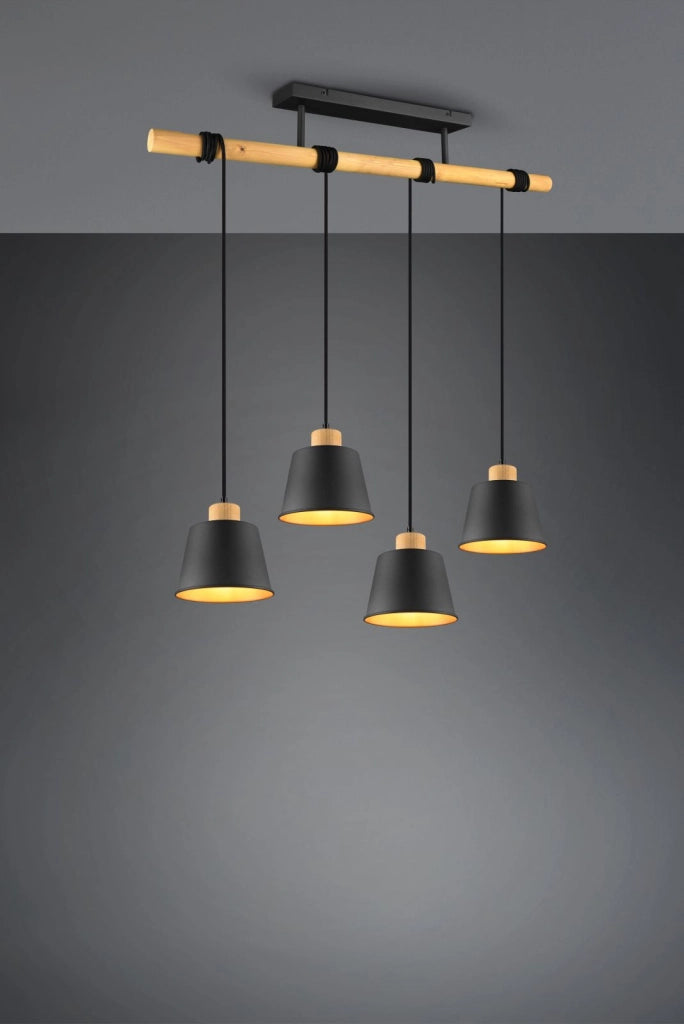 HARRIS SOSPENSIONE 4 DIFFUSORI METALLO NERO INTERNO ORO CON STRUTTURA E PARTICOLARI IN LEGNO NATURALE L. 87CM ATTACCO E27