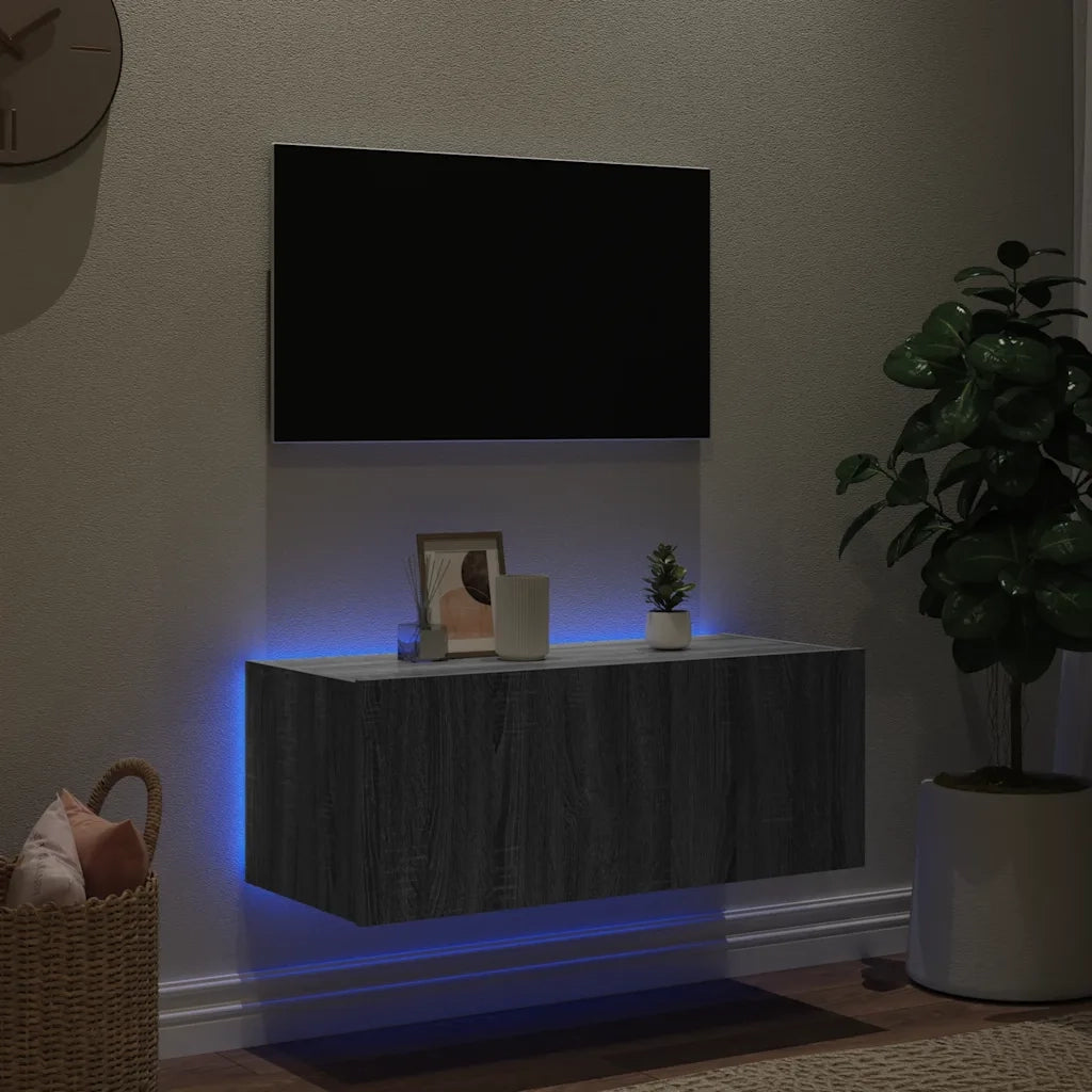 Mobile TV a Parete con Luci LED Grigio Sonoma 80x35x31 cm 837291