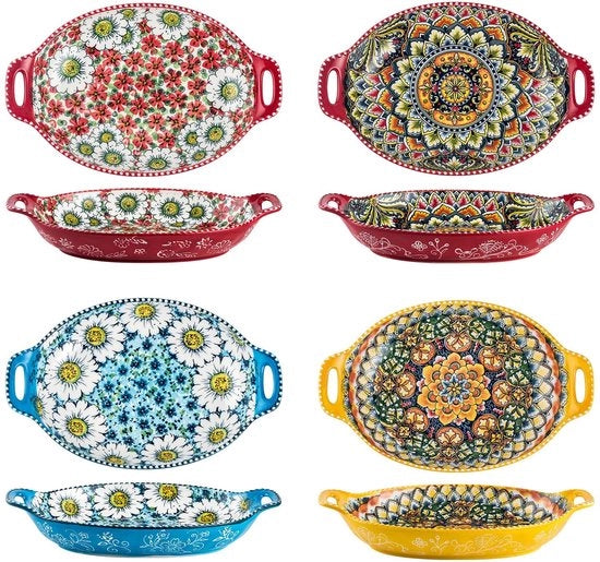 Set di 4 - Grande vaschetta per verdure/frutta - Porcellana - Colori vivaci - Maniglie