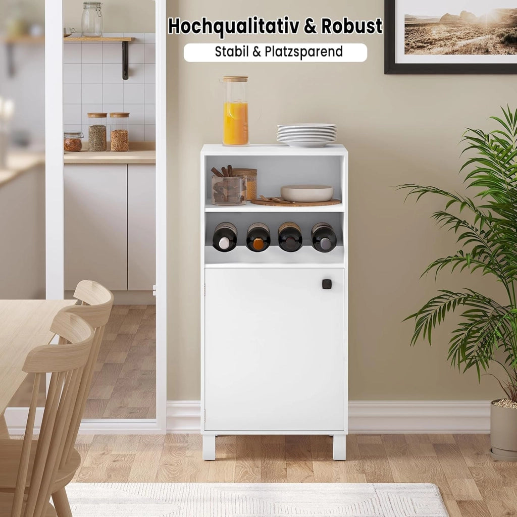 Credenza da Cucina con Portabottiglie per 5 Bottiglie, Libreria Chiusa Anta Bianca, Mobiletto Multiuso con Ripiani Regolabili, Scaffale Portaoggetti, in Legno e Metallo, 48x40x108cm