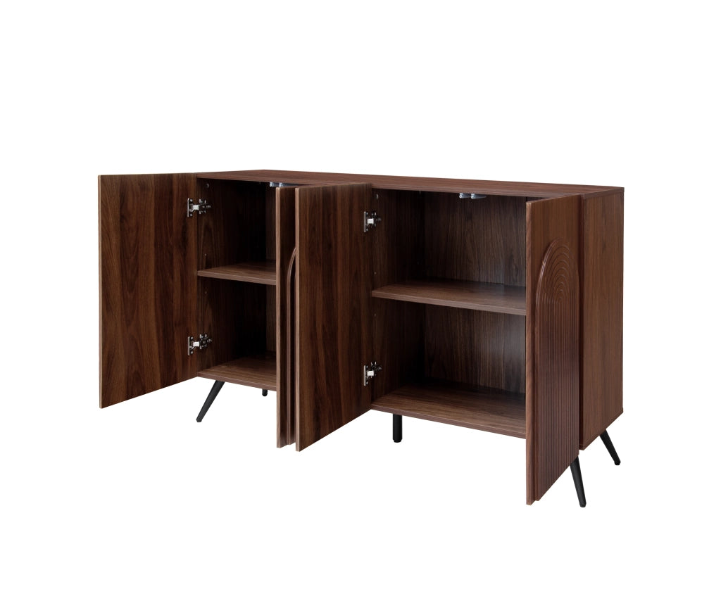 Credenza Mid-Century ¨C MINIMAL ¨C Legno Noce con Ante ad Arco, Ripiani, Gambe Metallo Dorato