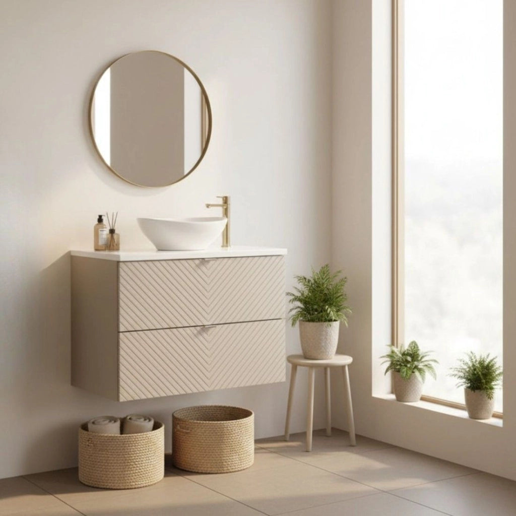 Insieme AOKI: mobile sottolavabo con cassetti 80cm + piano lavabo bianco + lavabo bianco rotondo da appoggio
