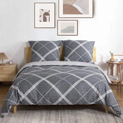 Set di lenzuola in cotone 200 x 200 cm, 3 pezzi di lenzuola reversibili con disegno a griglia grigia, coperta morbida in piuma con chiusura a lampo e 2 cuscini 80 x 80 cm.