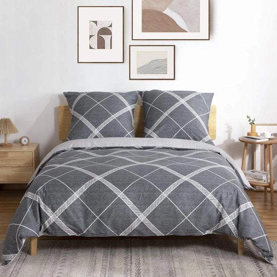 Set di lenzuola in cotone 200 x 200 cm, 3 pezzi di lenzuola reversibili con disegno a griglia grigia, coperta morbida in piuma con chiusura a lampo e 2 cuscini 80 x 80 cm.