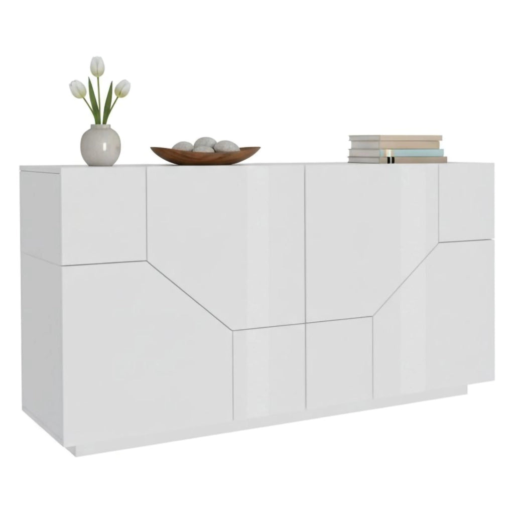Credenza moderna a 4 ante Ania, Made in Italy, Madia da ingresso, Buffet di design da soggiorno, Cm 200x43h86, Bianco lucido
