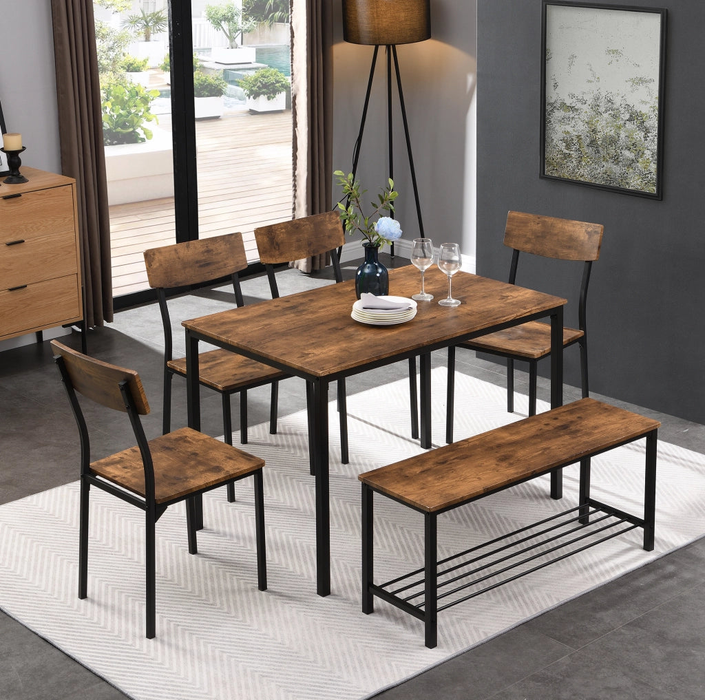Set tavolo da pranzo 6 posti marrone e nero con panca e 4 sedie