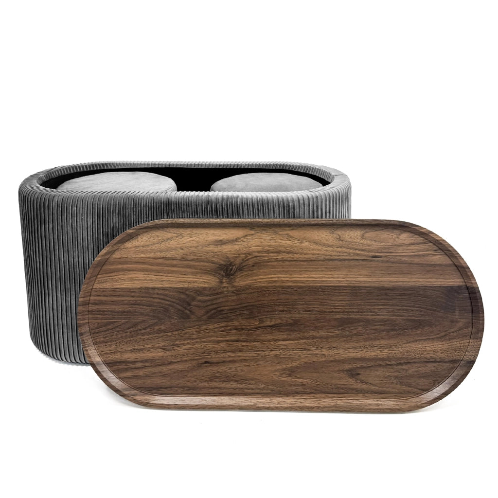 Set 3 Pouf Contenitore con Tavolino da Salotto Ovale in Velluto e Coperchio in Legno, 2 Pouf Interni Salvaspazio, Tavolino Contenitore Moderno, Seduta Imbottita Grigio Scuro