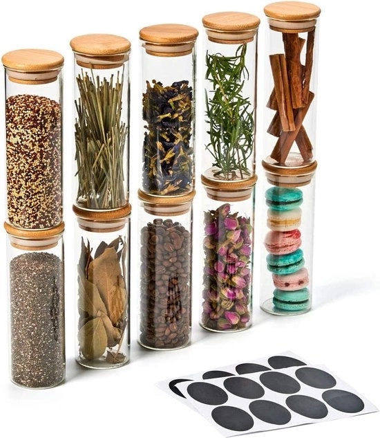 Set di 10 contenitori per il contenimento dei prodotti, vasetti di vetro borosilicato con coperchio in bambù e etichette in bianco per la cucina, la bagno, l'arredamento domestico, i doni per festa - 300 ml