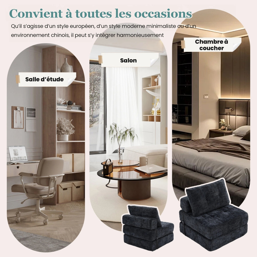 Divano Letto Pieghevole con Schienale e Cuscini Testa e Lombare; in Ciniglia Nero; 79 × 79 × 57 cm