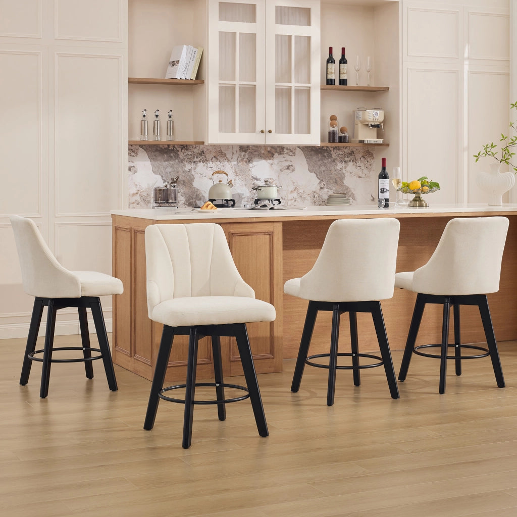 Sgabello da bar girevole 360° in ciniglia beige con schienale imbottito e poggiapiedi