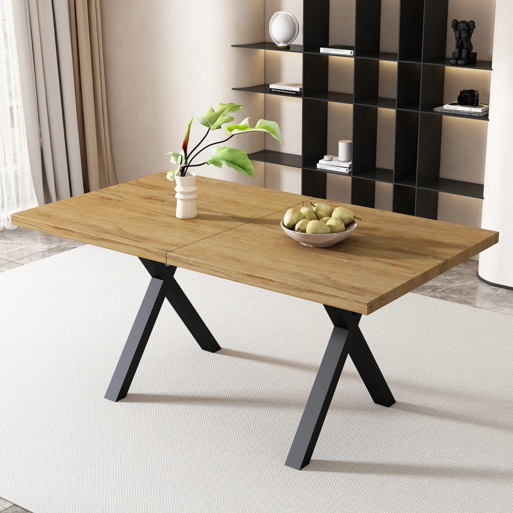 Tavolo da pranzo con gambe incrociate, in MDF effetto rovere, per soggiorno e sala da pranzo, 140 × 80 × 76 cm