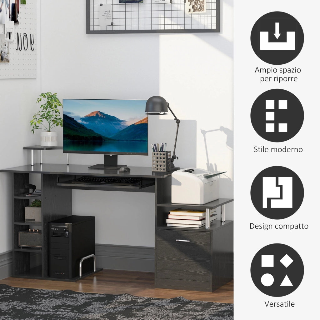 Scrivania Porta PC Moderna Tavolo da Ufficio con Ripiani Tastiera Scorrevole 152x60x88 cm Nero