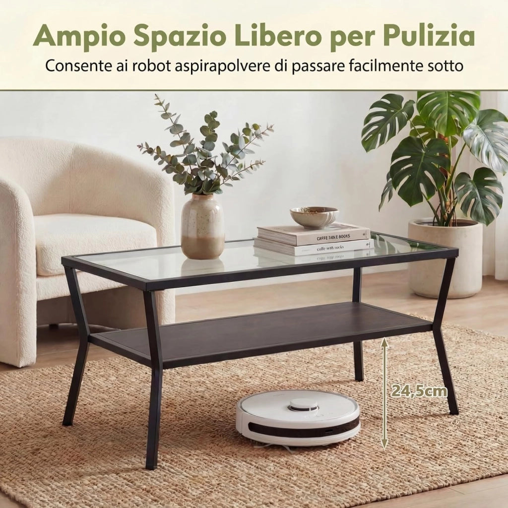 Tavolino da Caffè a 2 Livelli, Tavolino Rettangolare con Piano in Vetro Temperato e Struttura in Metallo, Tavolo Moderno con Ripiano per Soggiorno e Ufficio, 106,5 X 50,5X 46,5 CM