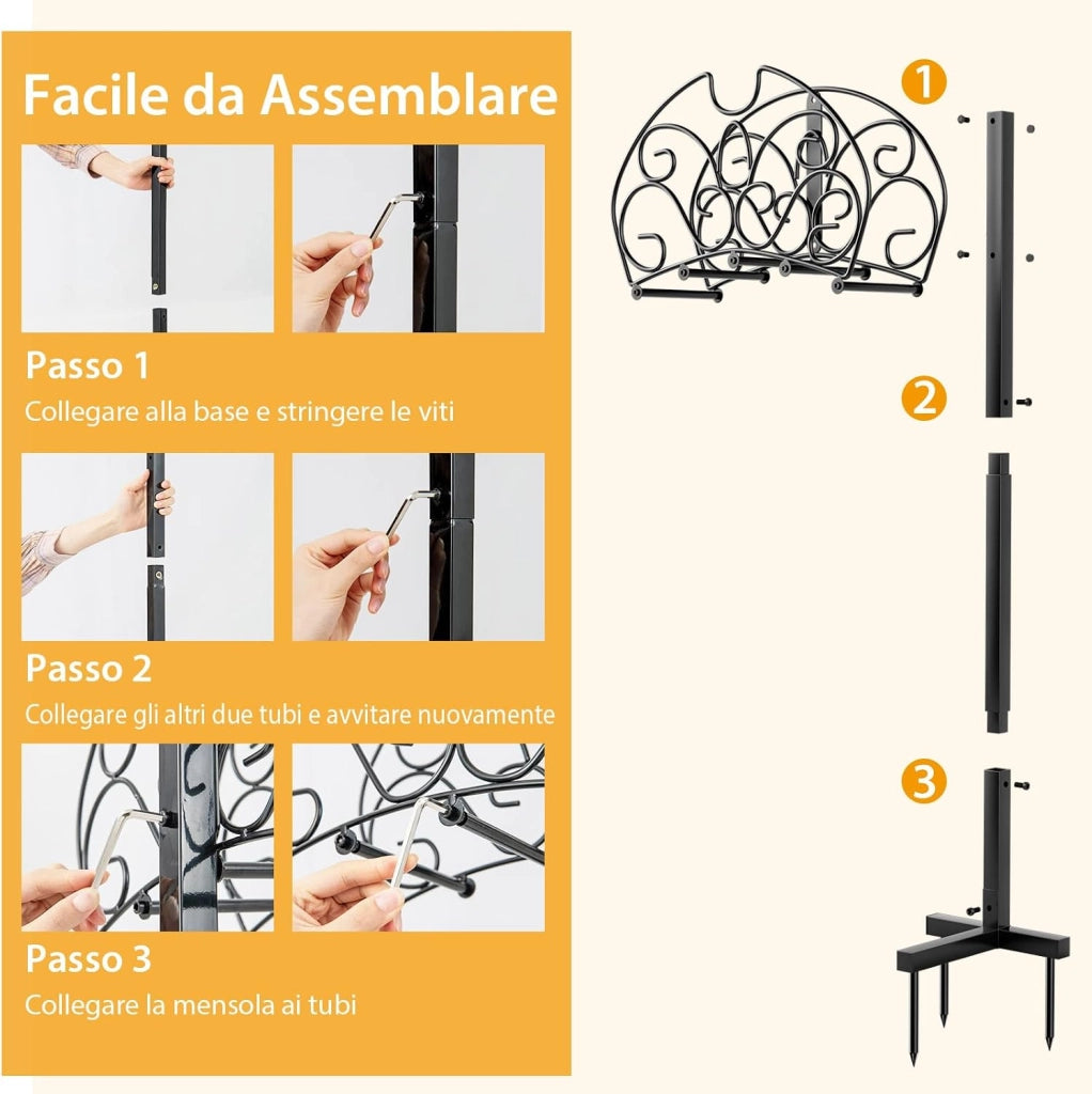 Supporto per Tubo da Giardino, Porta Tubo da Terra in Metallo con 3 Punti di Ancoraggio, Supporto per Tubo Staccabile per Giardino, Prato, Nero