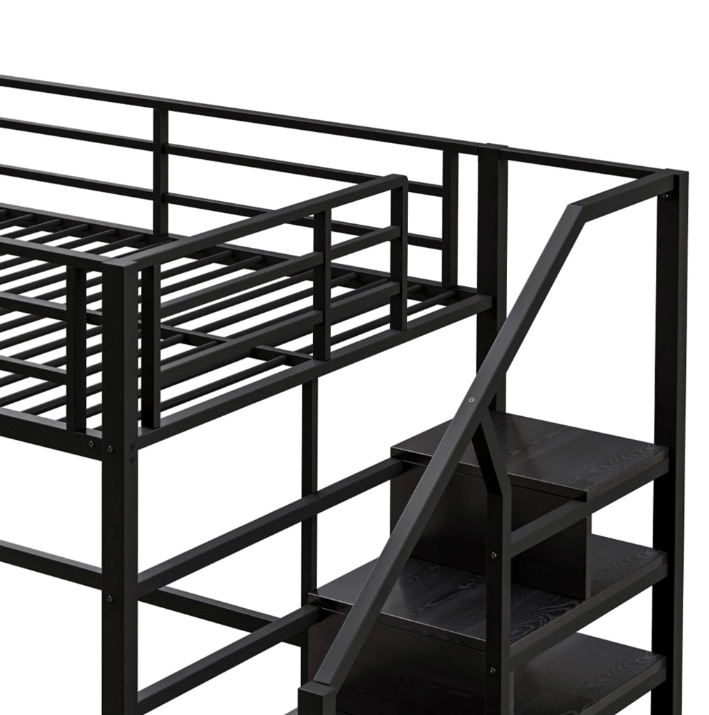 Letto a soppalco 140x200 cm con ripiani, scala contenitore e ringhiera di sicurezza