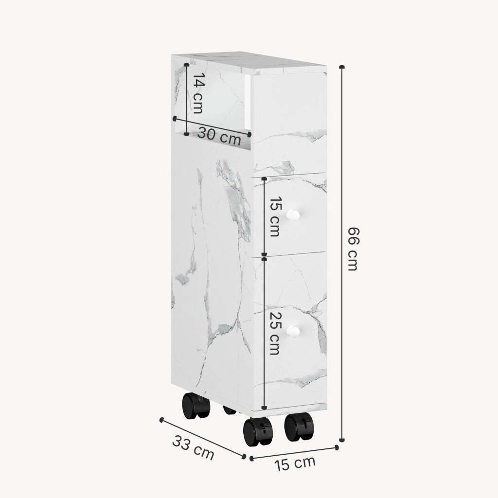Mobile da Bagno Broreynna a Rotelle con 2 Cassetti 66 x 15 x 33 cm - Effetto Marmo Bianco [en.casa]