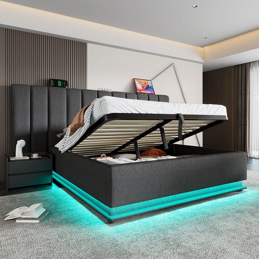 Letto imbottito 180??200 cm - Xylo - Grigio - Controllo App LED USB-C