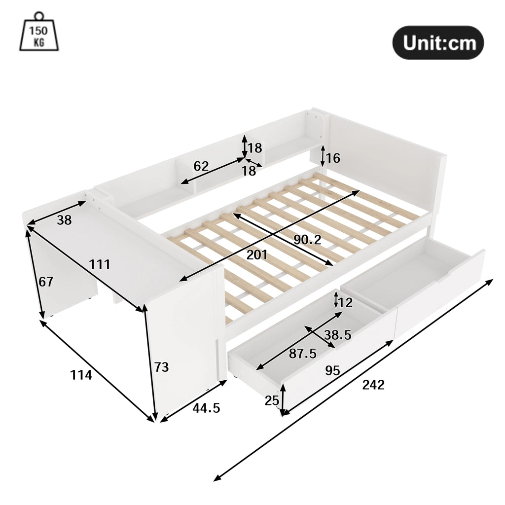 Letto singolo 90×200 cm con scrivania; 2 cassetti e ripiani; senza materasso; legno; bianco