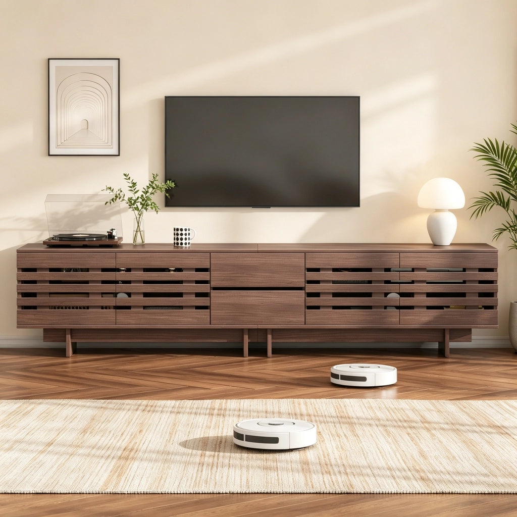 Mobile TV moderno in effetto noce, 200 x 39,5 x 55 cm, con 2 cassetti, 4 ante e 6 vani contenitori