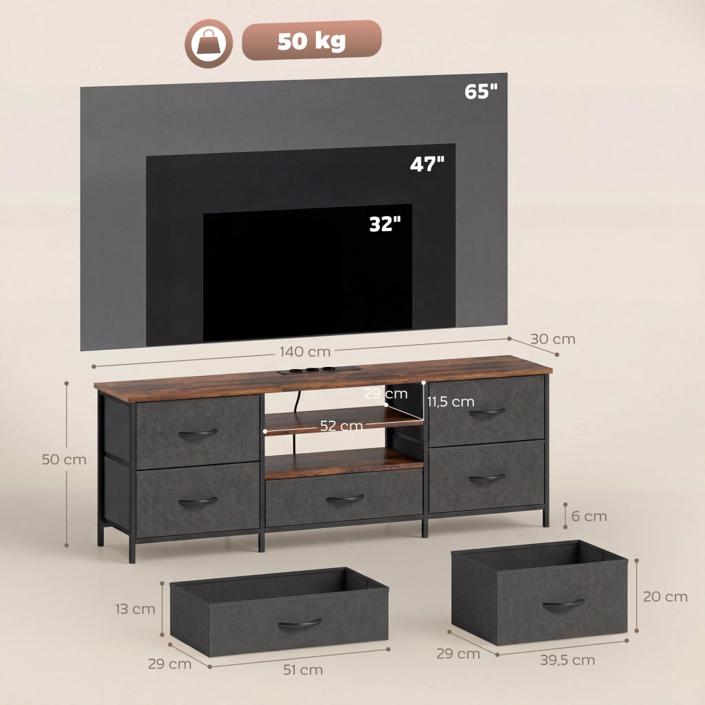 Mobile TV con 5 cassetti e stazione di ricarica ¨C zephmum ¨C marrone 140x30x50cm