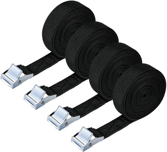 Cintura di trazione, 4 pezzi, 150 kg, 3 metri, cintura di trazione, larghezza 20 mm, cintura di trazione, cinghie di trazione regolabili con chiusura a molla per trasporto, carico, bagaglio, campeggio - nero