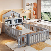 Letto a forma di casa grigio in legno massello con funzione contenitore e rete a doghe 90x200 cm