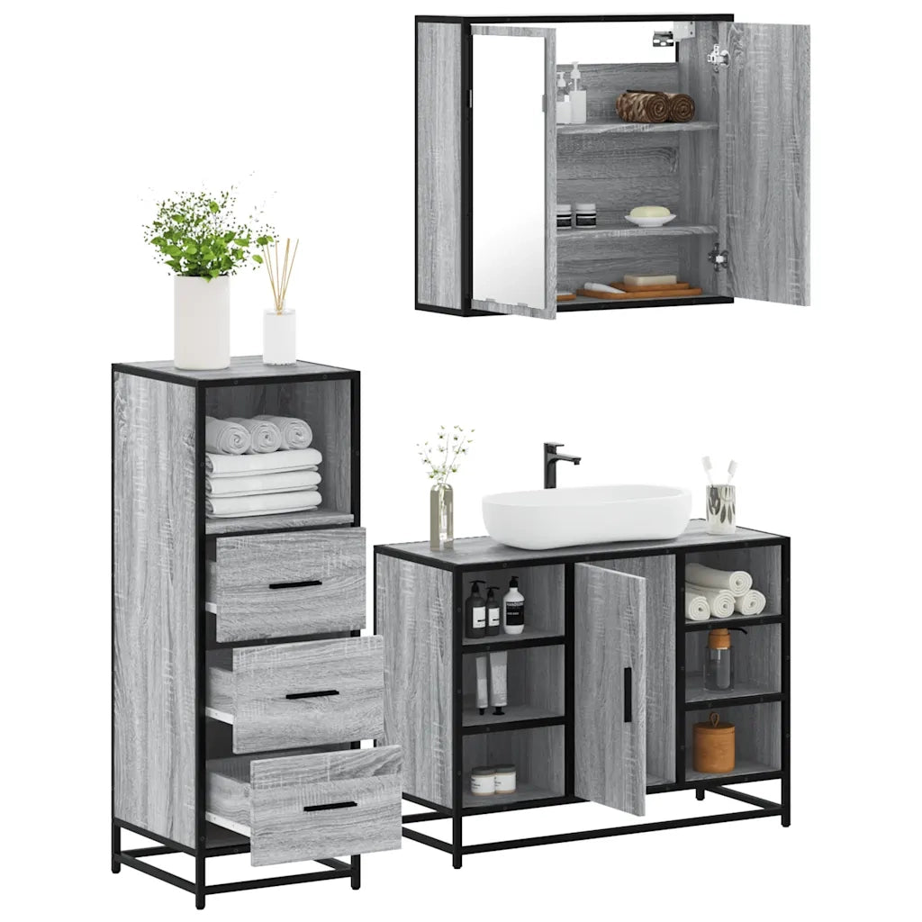 Set Mobili da Bagno 3 pz Grigio Sonoma in Legno Multistrato