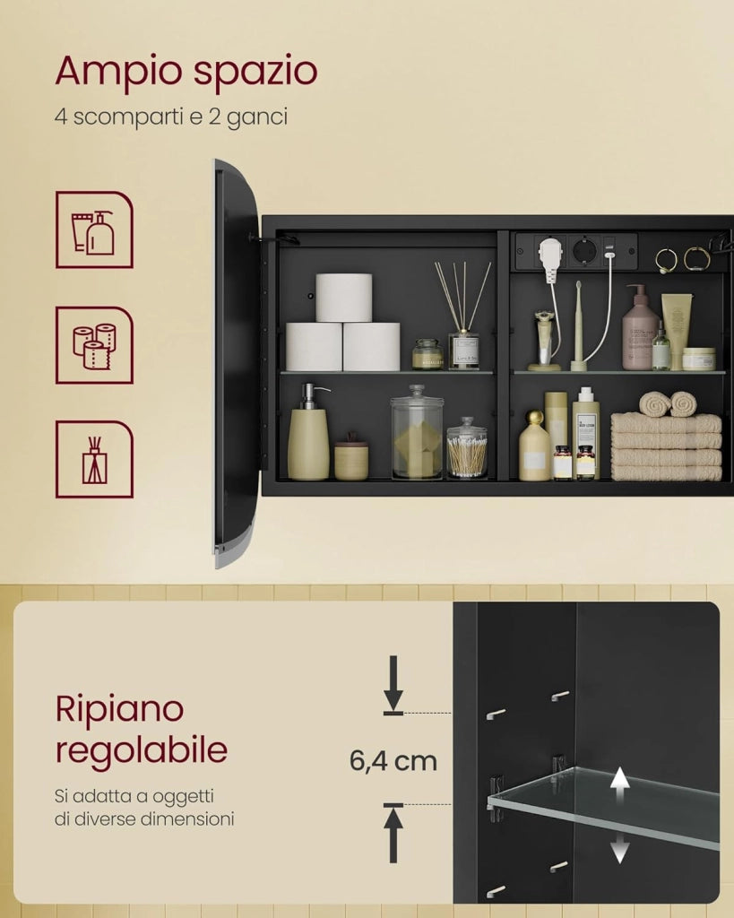 VASAGLE Armadietto Bagno da Parete con Specchio e Luce, Mobiletto Pensile Bagno con Stazione di Ricarica, 2 Ripiani Regolabili, Angoli Arrotondati, Nero Inchiostro BBK128B01V1