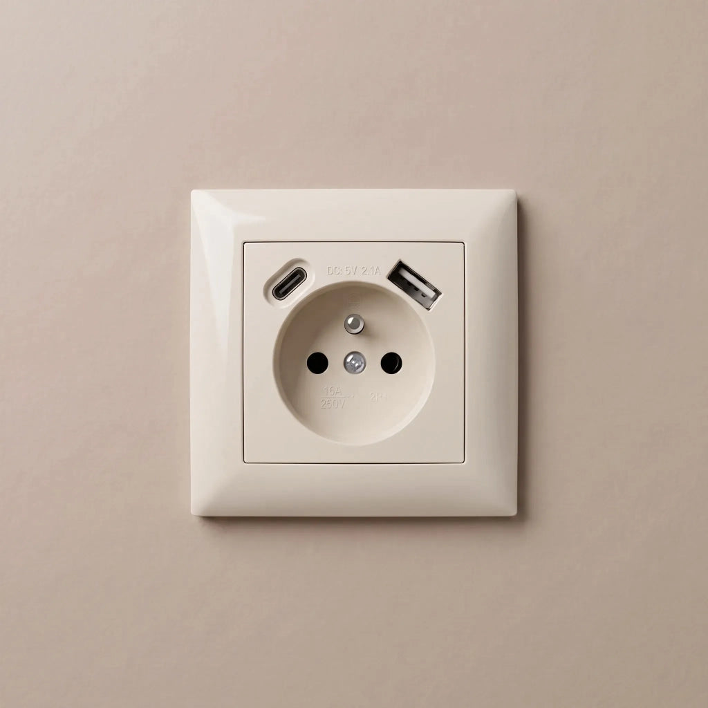 Presa Singola Con Messa A Terra + Usb-a Usb-c Oste Jnh004-g Beige