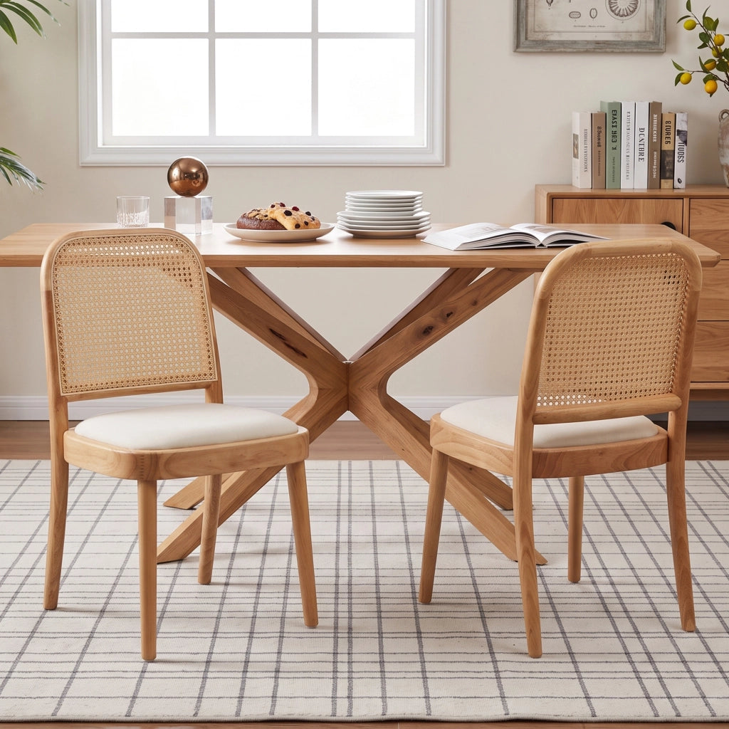 Set di 2 sedie da pranzo in legno massiccio con schienale in rattan e seduta in lino