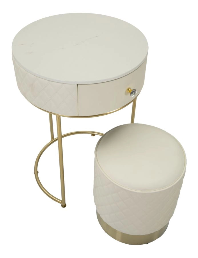 Comodino Toeletta con Puff Sharon Ø52x70 cm - Ø36x39 cm in Pino e MDF e Metallo e Plastica