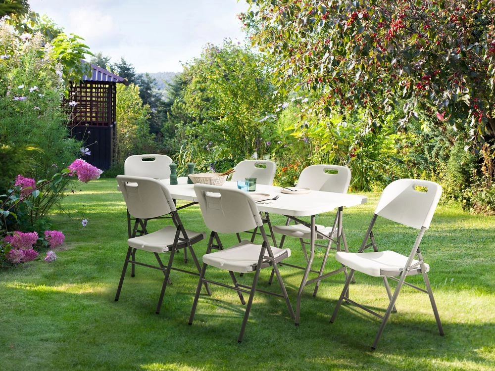 Set da pranzo da giardino a 6 posti Materiale sintetico bianco 180 x 74 Tavolo e 4 sedie pieghevoli con gambe in metallo