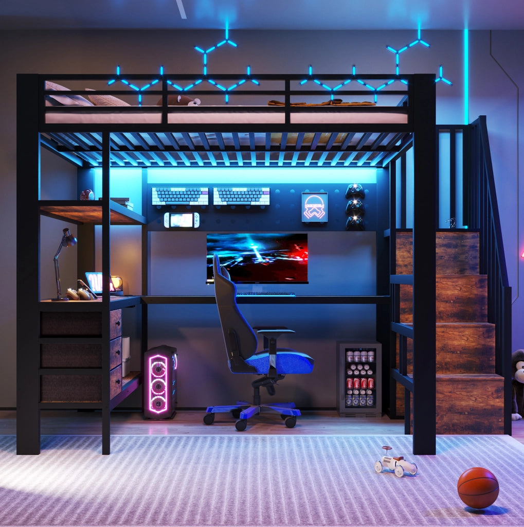 Letto a soppalco in metallo con scrivania, cassetti e LED