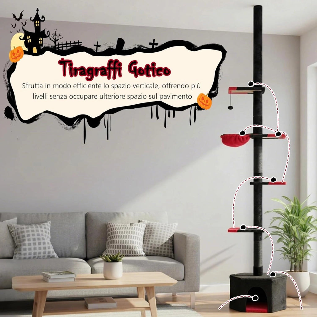 Albero per Gatti in Stile Gotico, Tiragraffi per Gatti da Pavimento a Soffitto Regolabile 245-300 cm con Condo, Amaca, Tiragraffi in Sisal e Pallina Pendenti, Mobile da Interno per Gattini